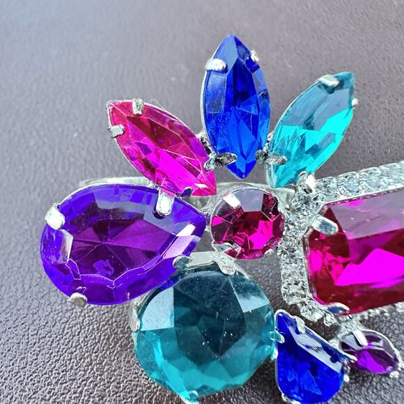 Jewel Tone Colorful Rhinestones Statement Two-Finger Double Ring Oversized Sz 8 - Picture 3 of 4